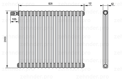 Схема (чертеж) Радиатор Zehnder Charleston 2200/18 №V012 Белый глянцевый RAL 9016